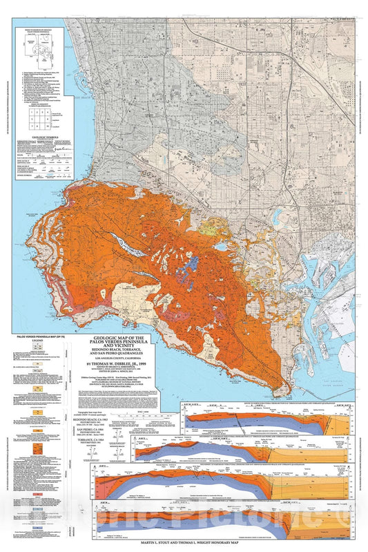 Map : Geologic map of the Palos Verdes Peninsula and vicinity, Redondo Beach, Torrance, and San Pedro quadrangles,  Los Angeles County, California, 1999 Cartography Wall Art :