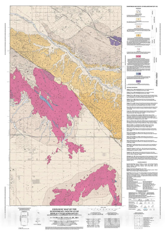 Map : Geologic map of the Sunnymead/south 1/2 of Redlands quadrangles, San Bernardino and Riverside County, California, 2003 Cartography Wall Art :
