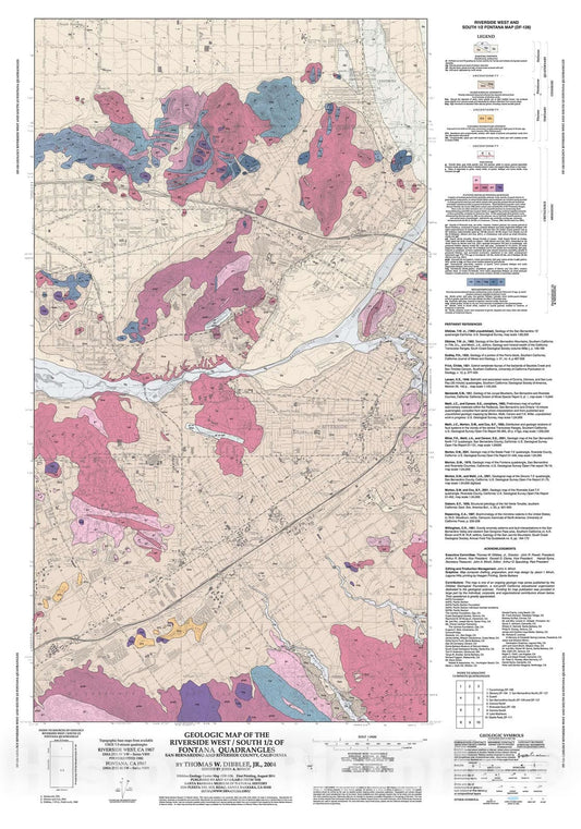 Map : Geologic map of the Riverside West/south 1/2 of Fontana quadrangles, San Bernardino and Riverside County, California, 2004 Cartography Wall Art :