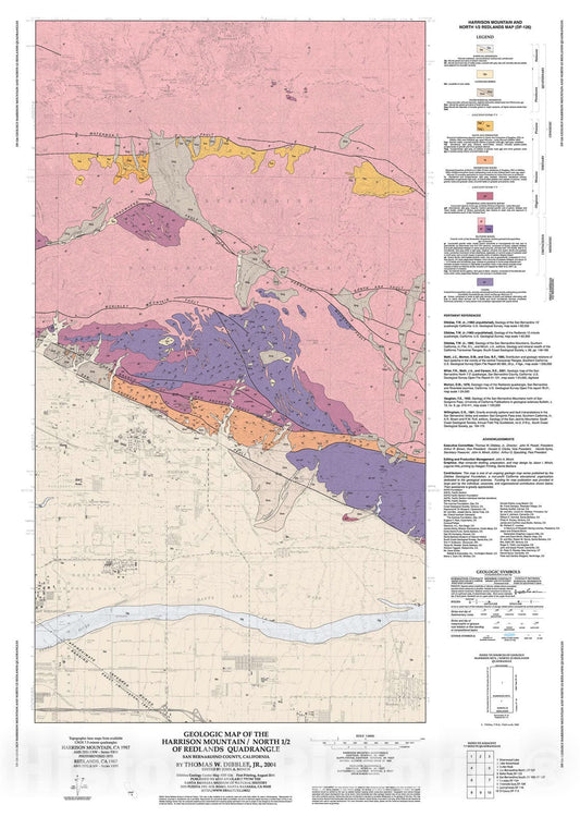 Map : Geologic map of the Harrison Mountain/north 1/2 of Redlands quadrangles, San Bernardino and Riverside County, California, 2004 Cartography Wall Art :