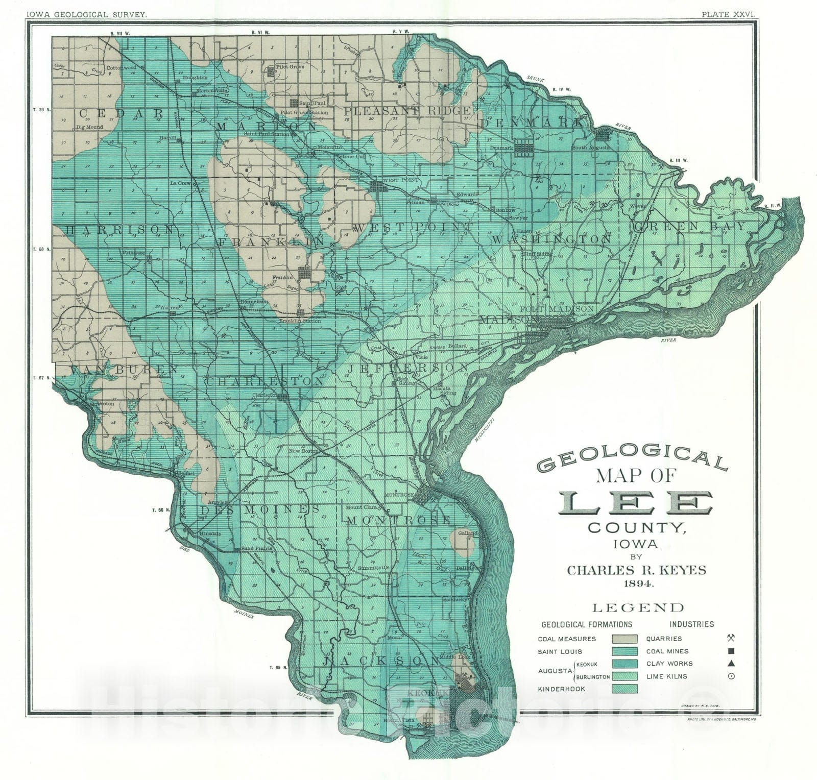 Map : Geology of Lee County [Iowa], 1895 Cartography Wall Art :