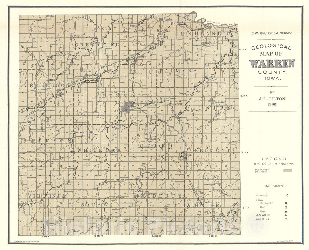 Map : Geology of Warren County [Iowa], 1896 Cartography Wall Art :