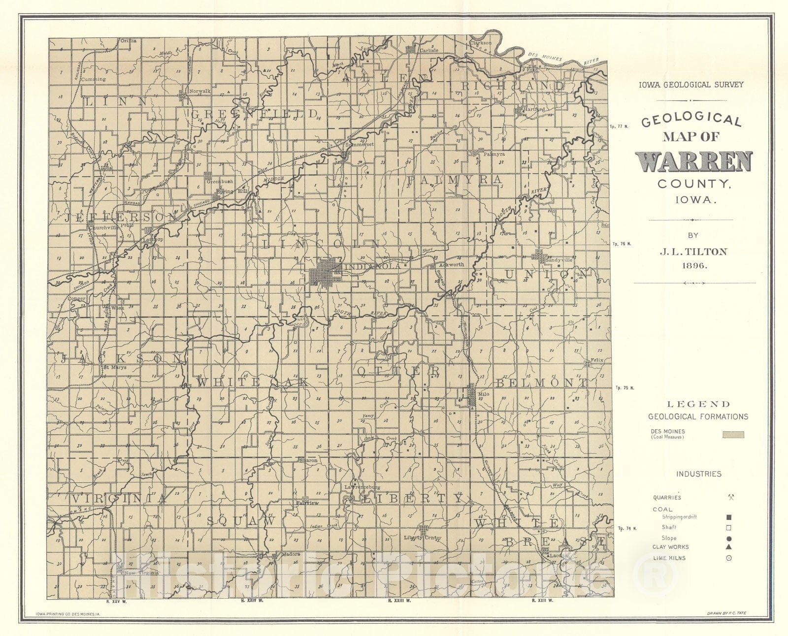 Map : Geology of Warren County [Iowa], 1896 Cartography Wall Art :