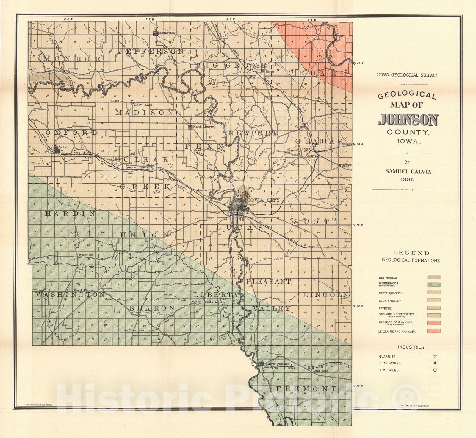 Map : Geology of Johnson County [Iowa], 1897 Cartography Wall Art :