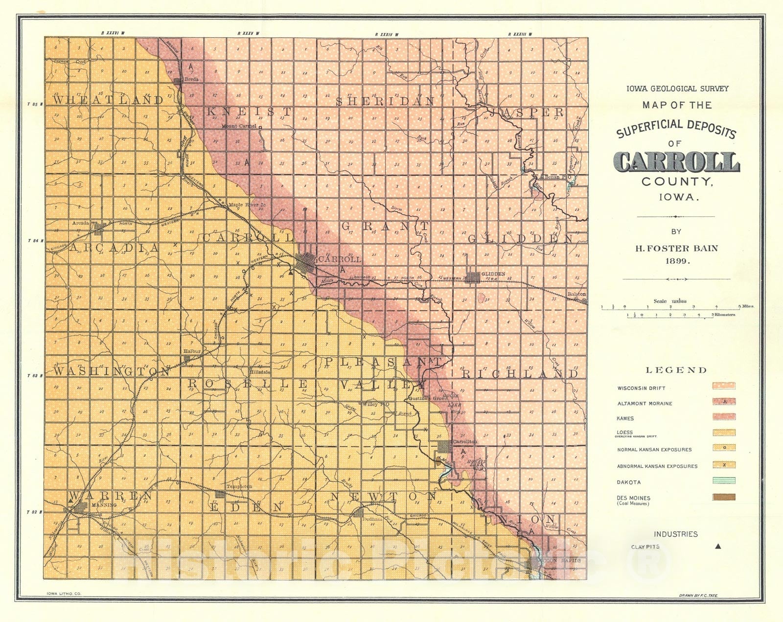 Map : Geology of Carroll County [Iowa], 1899 Cartography Wall Art :