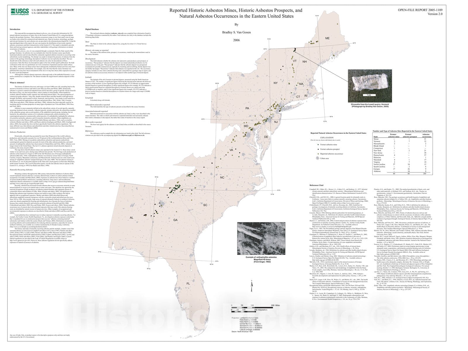 Map : Reported historic asbestos mines, historic asbestos prospects, and natural asbestos occurrences in the eastern United States, 2005 Cartography Wall Art :