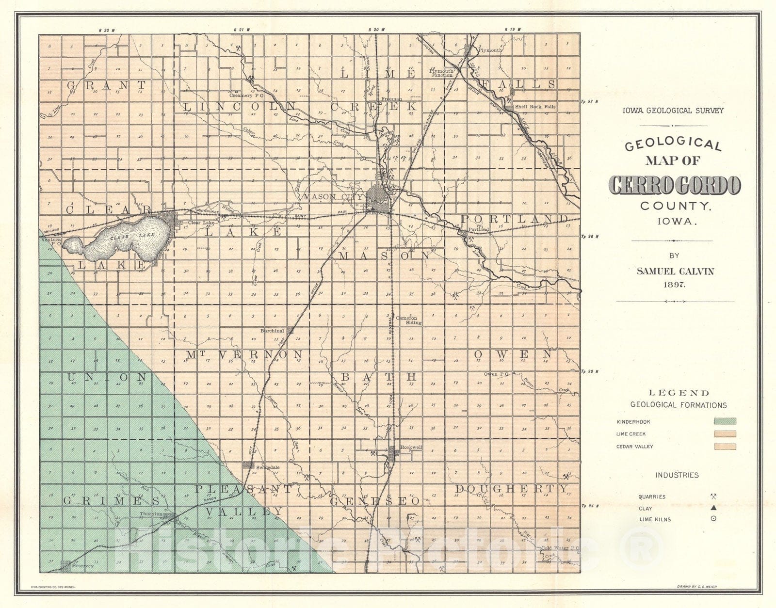 Map : Geology of Cerro Gordo County [Iowa], 1897 Cartography Wall Art :