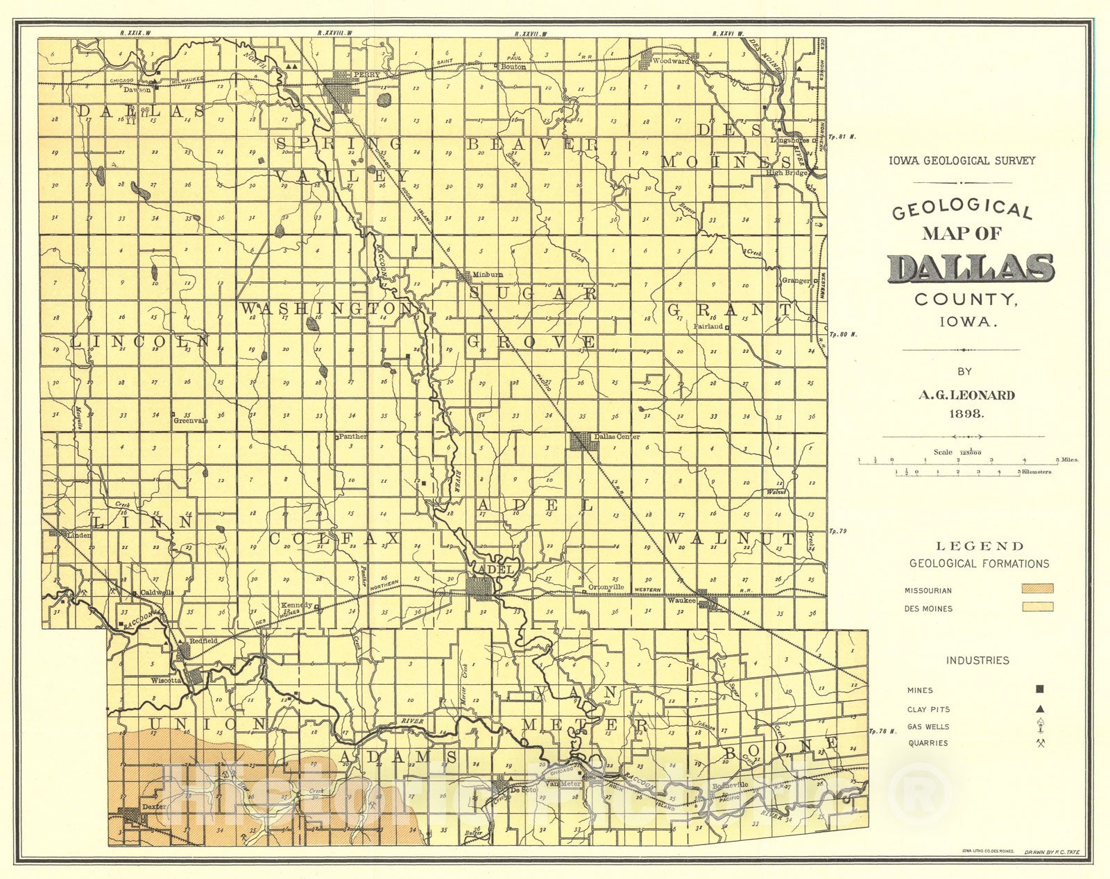 Map : Geology of Dallas County [Iowa], 1898 Cartography Wall Art :