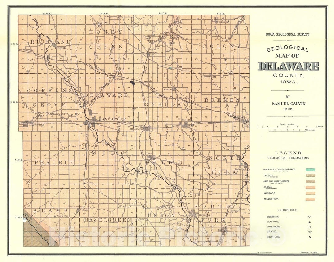 Map : Geology of Delaware County [Iowa], 1898 Cartography Wall Art :