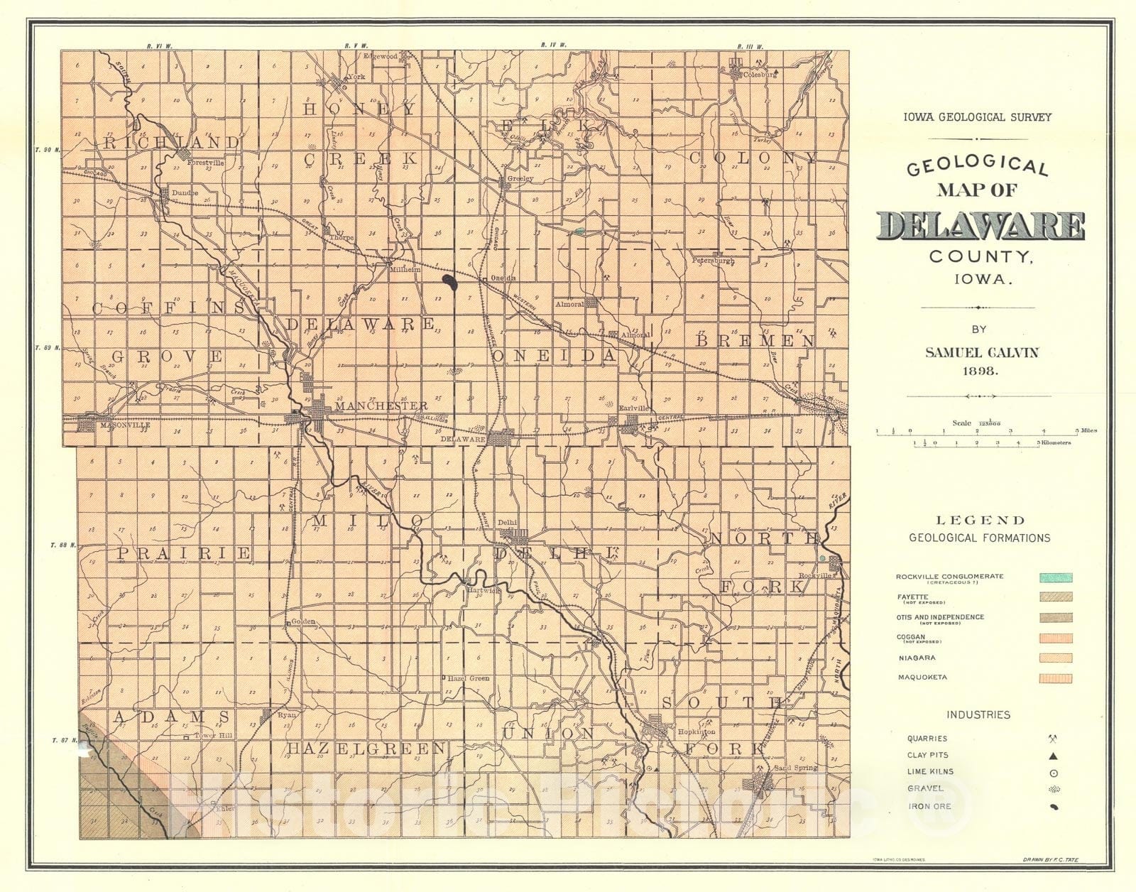 Map : Geology of Delaware County [Iowa], 1898 Cartography Wall Art :