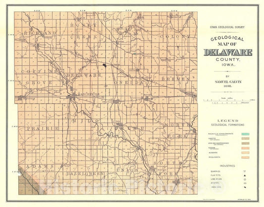 Map : Geology of Delaware County [Iowa], 1898 Cartography Wall Art :