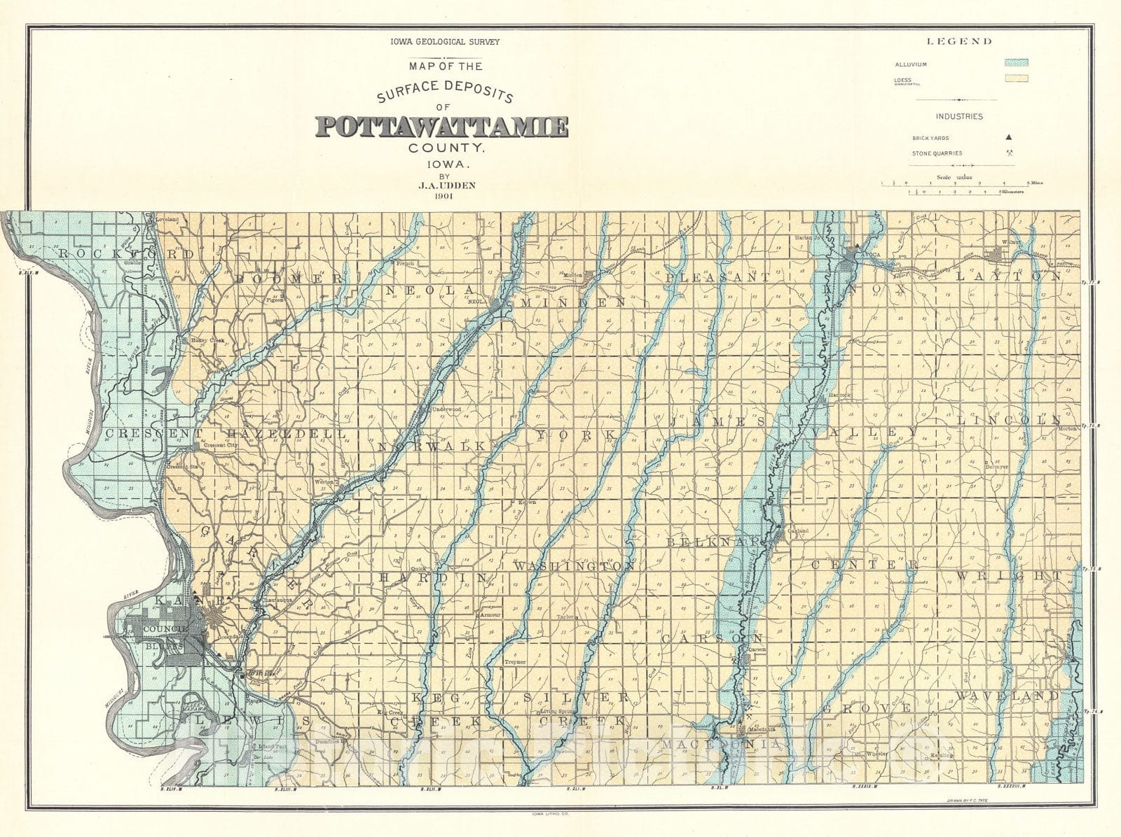 Map : Geology of Pottawattamie County [Iowa], 1901 Cartography Wall Art :