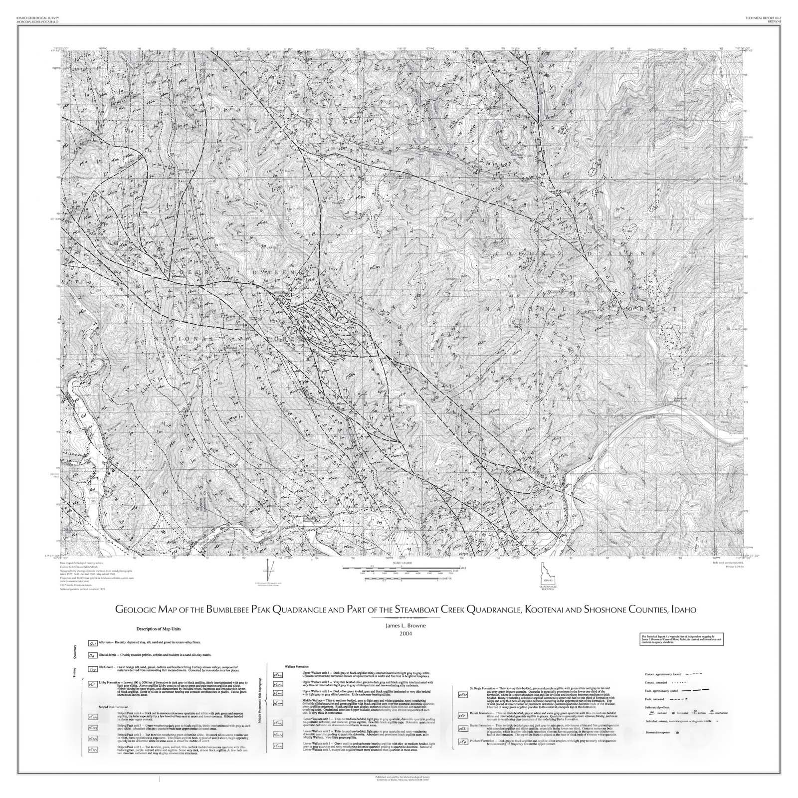Map : Geologic Map of the Bumblebee Peak Quadrangle Part of the Steamboat Creek Quadrangle, Kootenai and Shoshone Counties, Idaho, 2004 Cartography Wall Art :