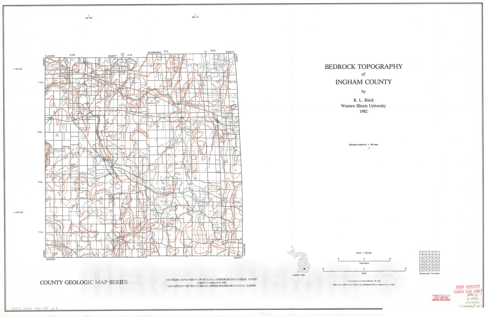 Map : Bedrock Topography of Ingham County, 1982 Cartography Wall Art :
