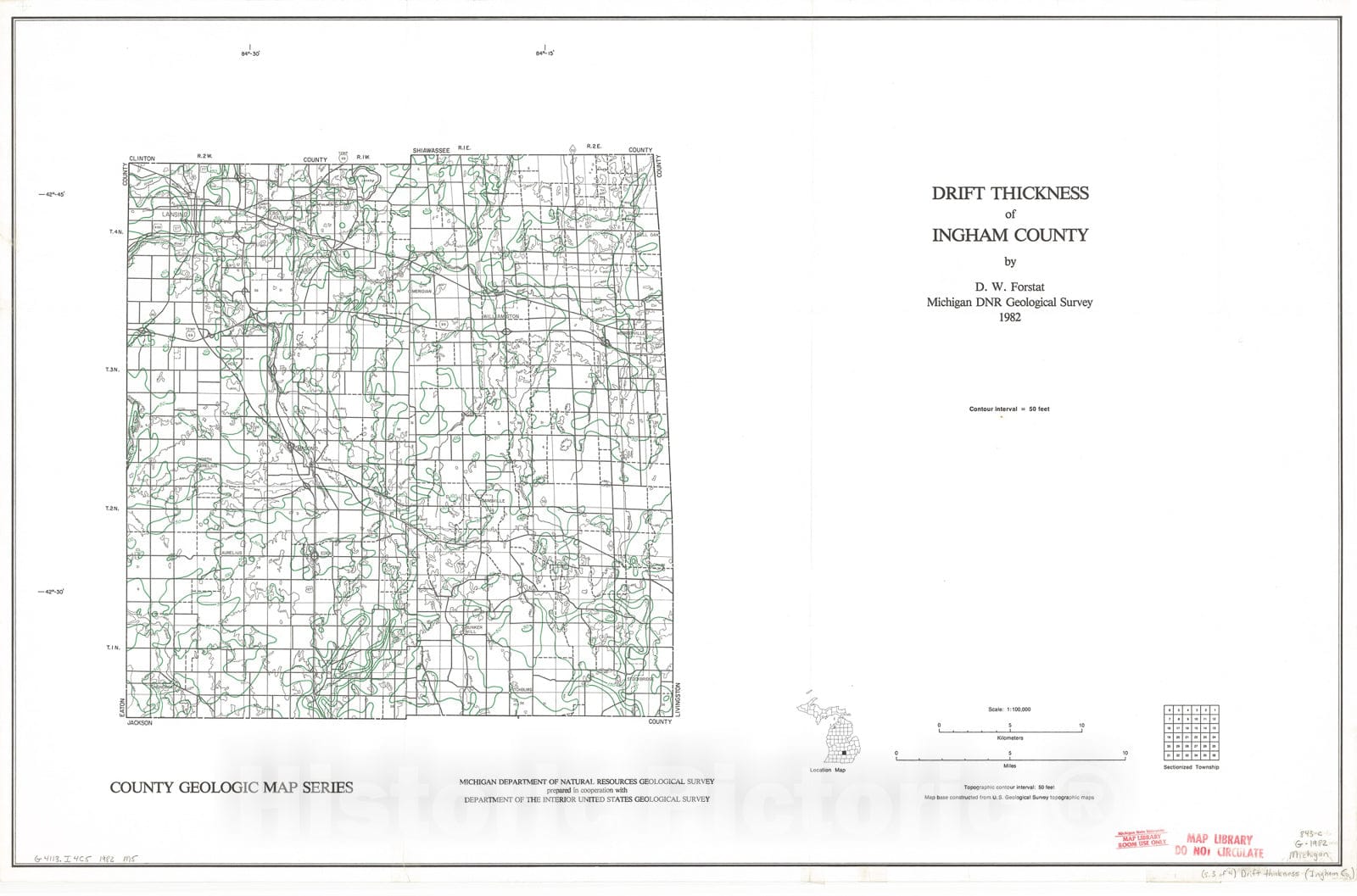 Map : Drift Thickness of Ingham County, 1982 Cartography Wall Art :