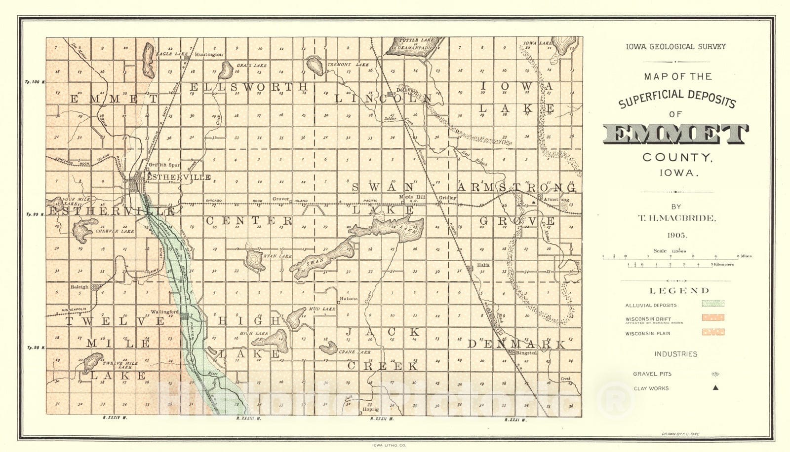 Map : Geology of Emmet, Palo Alto, and Pocahontas Counties [Iowa], 1905 Cartography Wall Art :