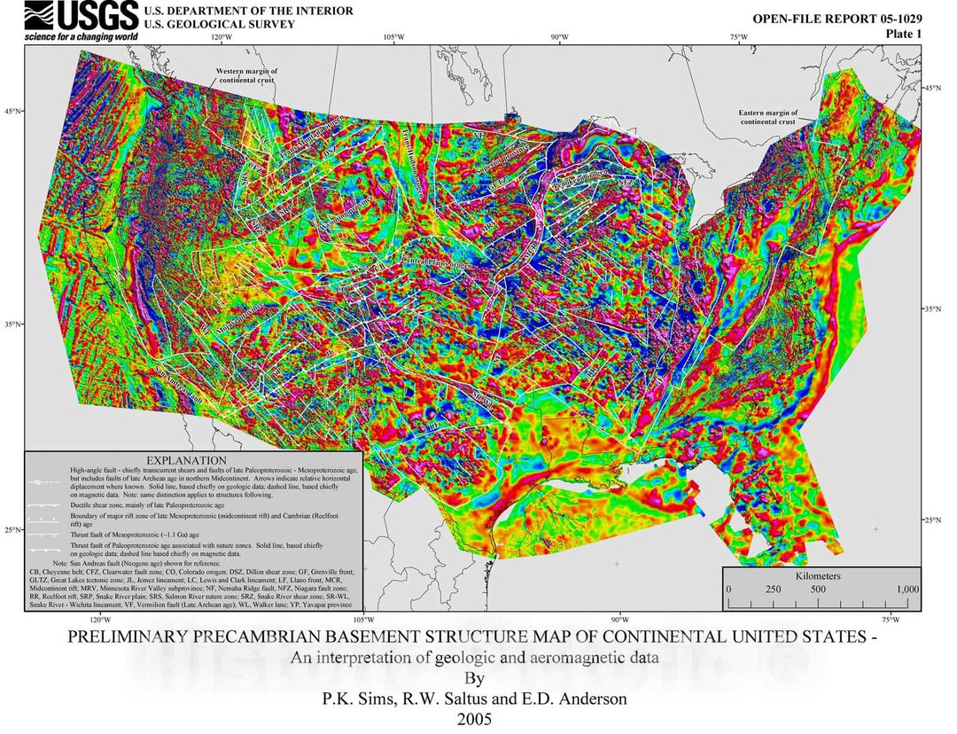 Map : Preliminary Precambrian basement structure map of the continental United States -- an interpretation of geologic and aeromagnetic data, 2005 Cartography Wall Art :