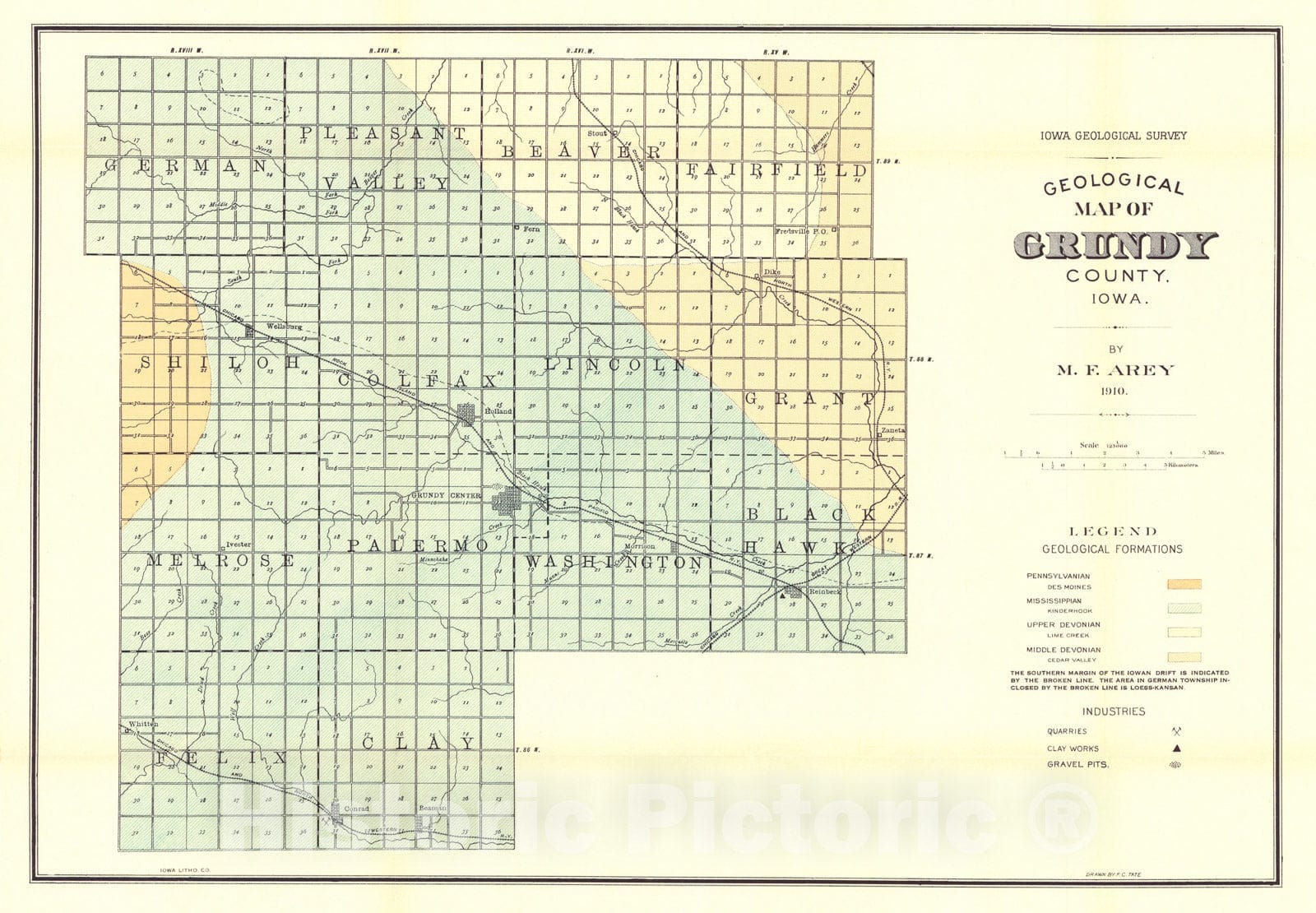 Map : Geology of Grundy County [Iowa], 1910 Cartography Wall Art :