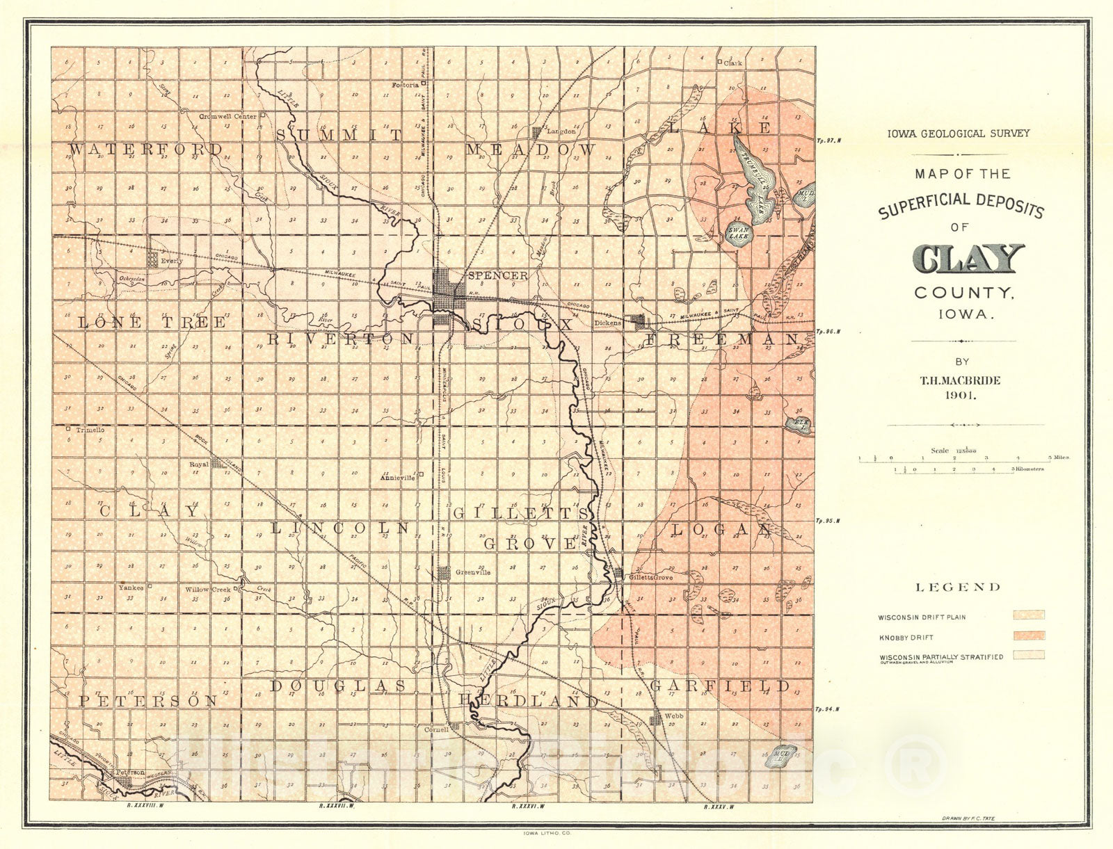 Map : Geology of Clay and O'Brien Counties [Iowa], 1901 Cartography Wall Art :