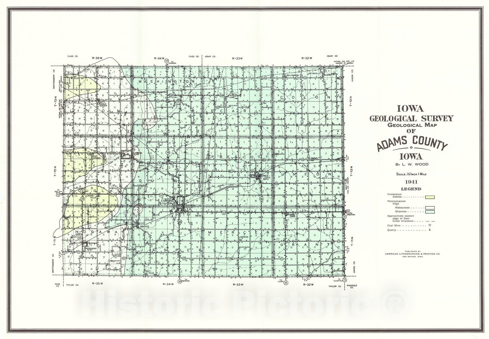 Map : The geology of Adams County [Iowa], 1941 Cartography Wall Art :