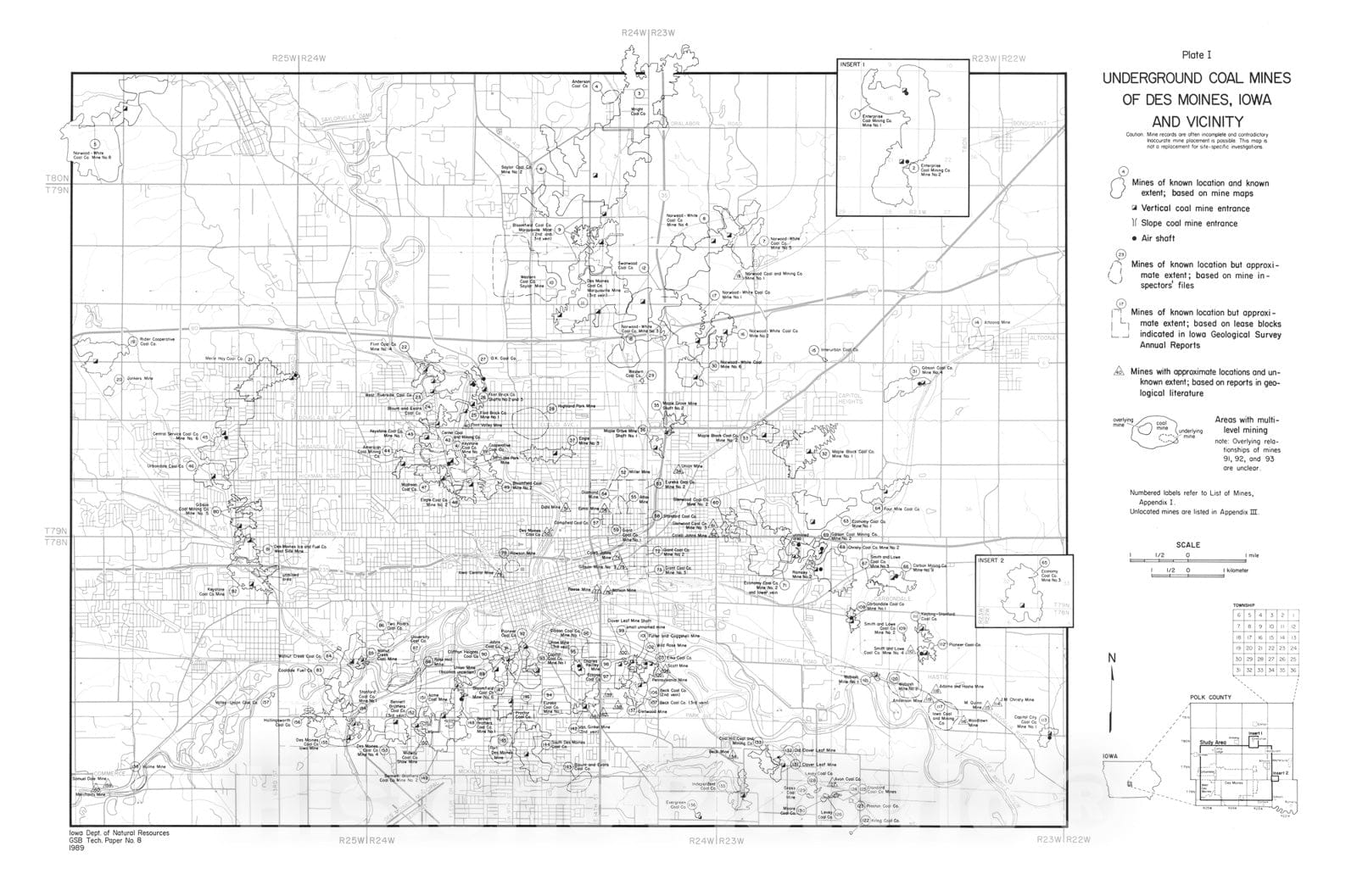 Map : Underground coal mines of the Des Moines area [Iowa], 1989 Cartography Wall Art :