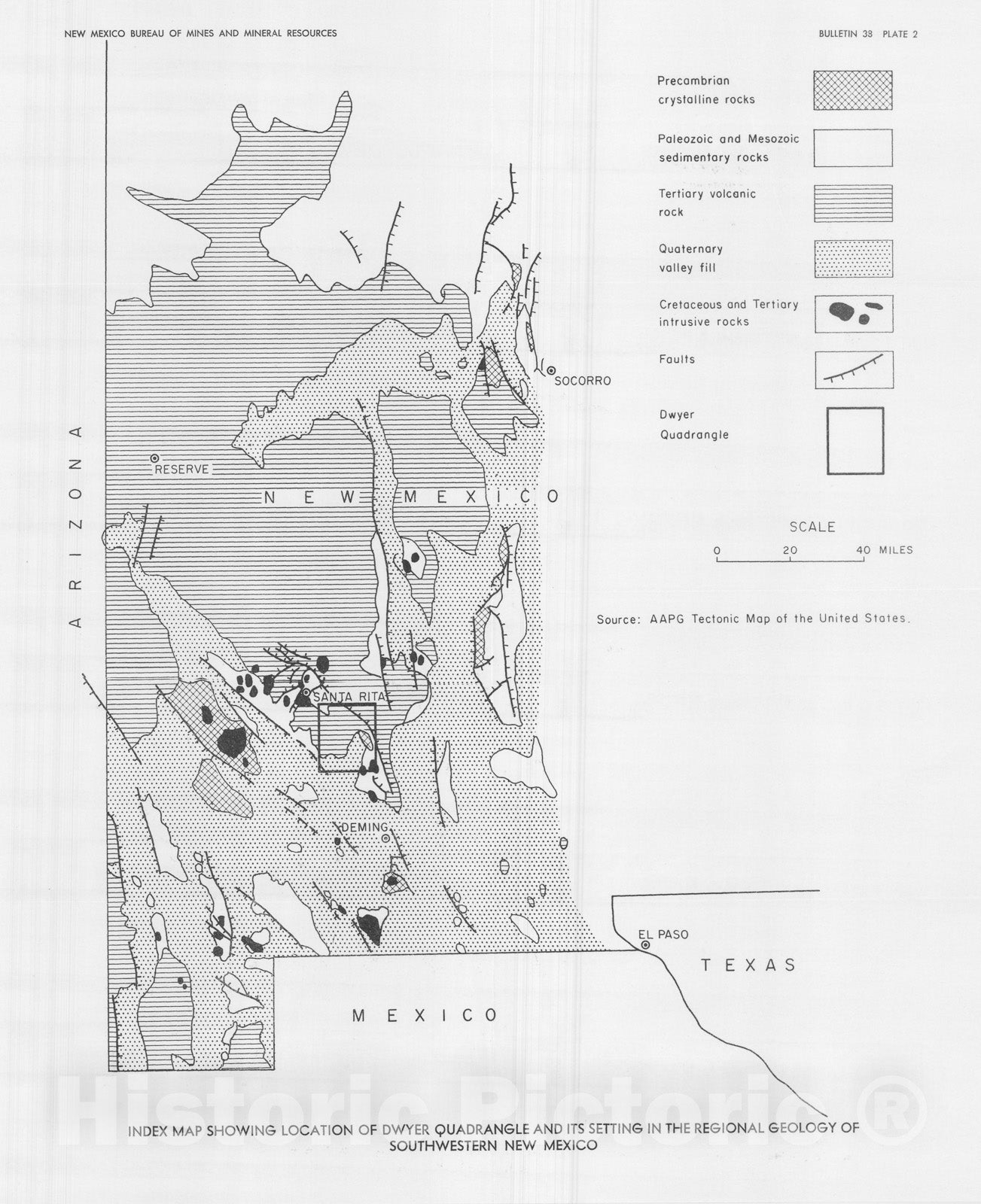 Map : Index map showing location of Dwyer quadrangle and its setting in the regional geology of southwestern New Mexico, 1957 Cartography Wall Art :