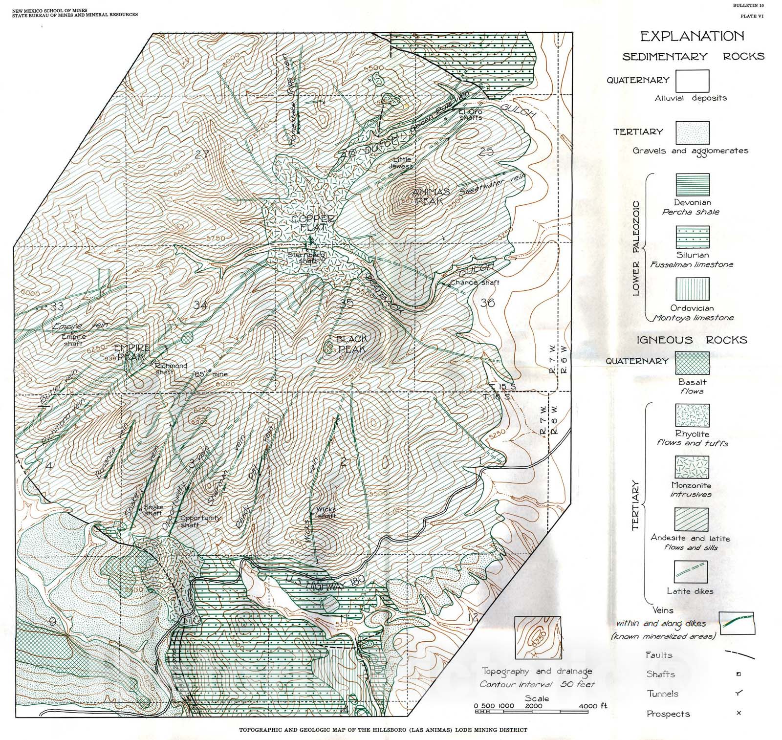 Map : Topographic and geologic map of the Hillsboro (Las Animas) lode mining district, 1934 Cartography Wall Art :
