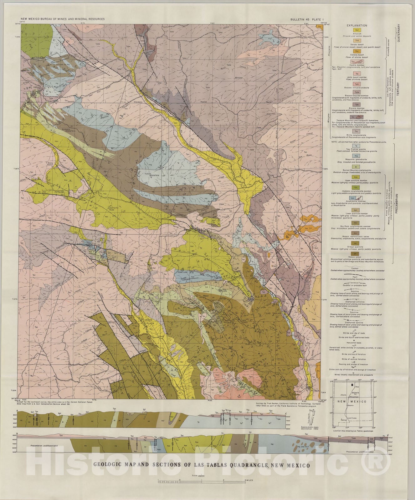 Map : Geologic map and sections of Las Tablas quadrangle, New Mexico (Plate 1), 1958 Cartography Wall Art :