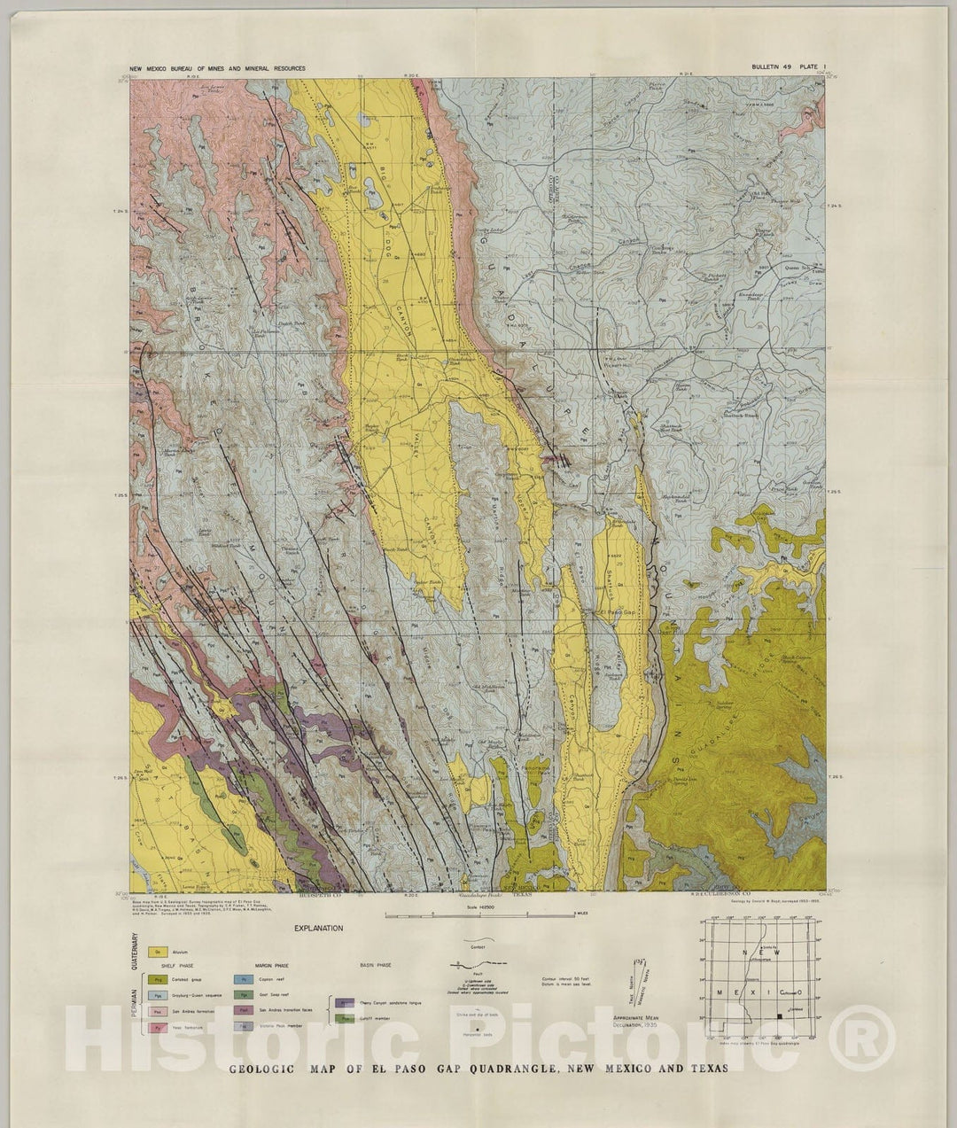 Map : Geologic map of El Paso Gap quadrangle, New Mexico and Texas, 1958 Cartography Wall Art :