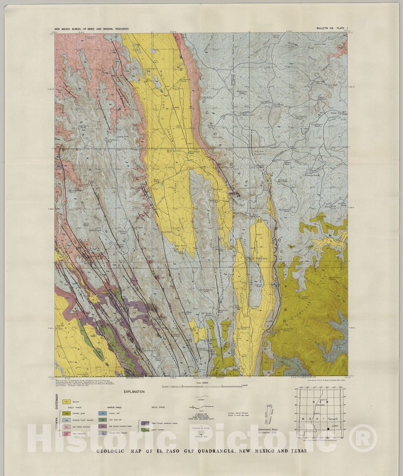 Map : Geologic map of El Paso Gap quadrangle, New Mexico and Texas, 1958 Cartography Wall Art :