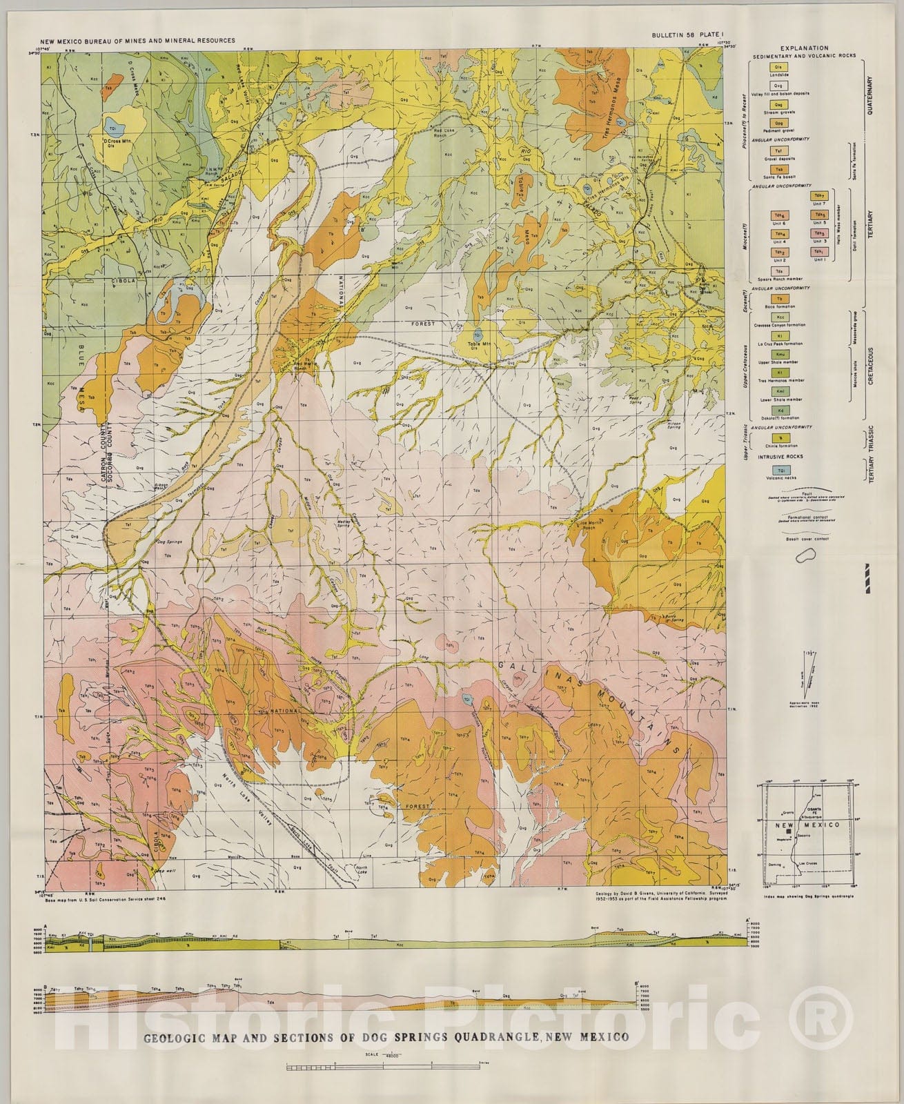 Map : Geologic map and sections of Dog Spring quadrangle, New Mexico, 1957 Cartography Wall Art :