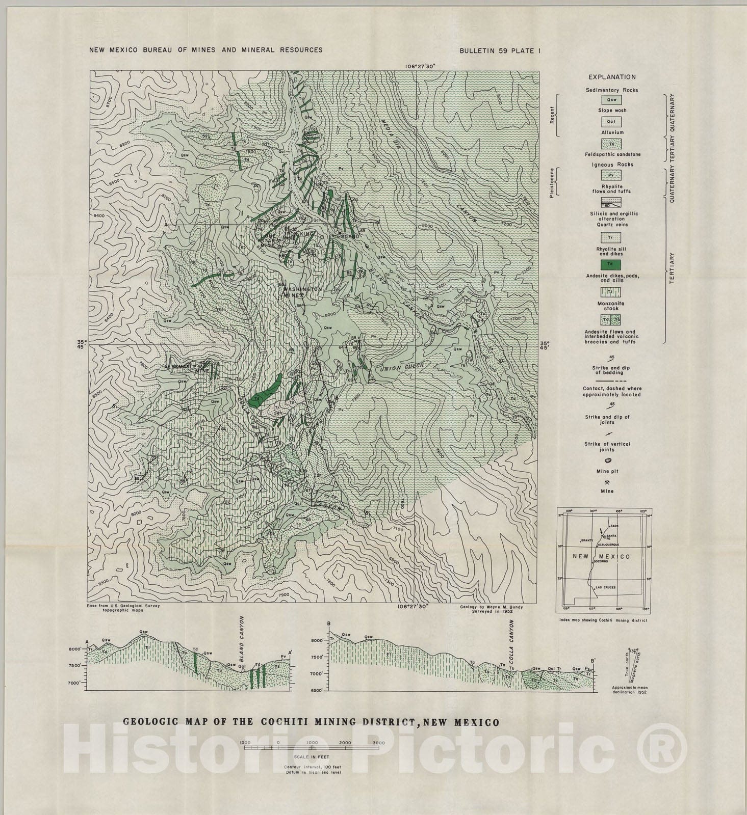 Map : Geologic map of the Cochiti mining district New Mexico, 1958 Cartography Wall Art :