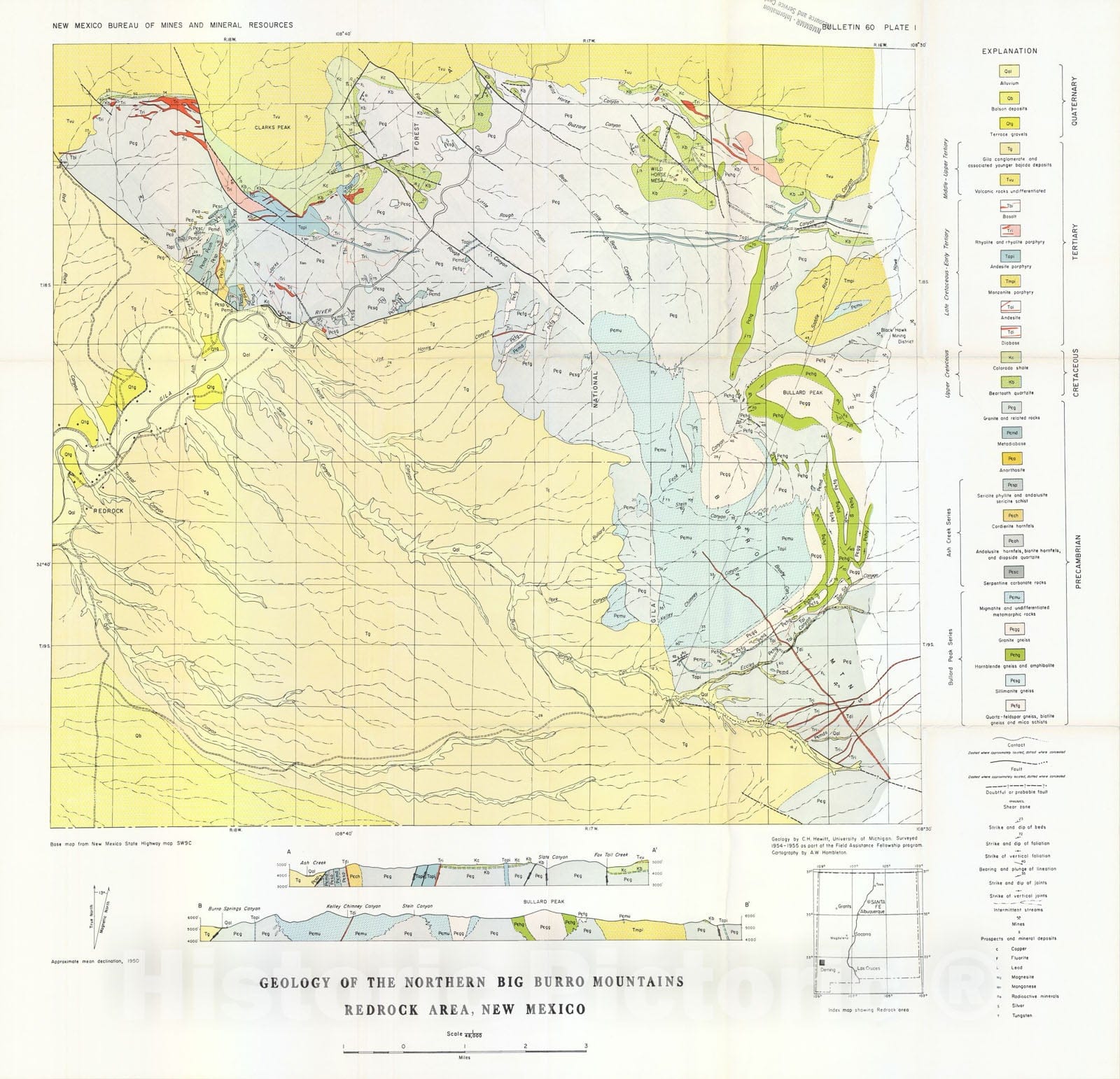 Map : Geology of the northern Big Burro Mountains-Redrock Area, New Mexico, 1959 Cartography Wall Art :