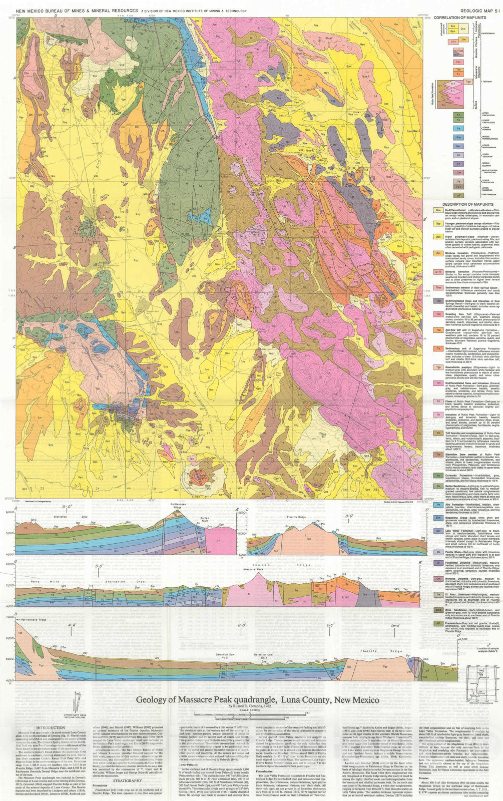 Map : Geology of Massacre Peak quadrangle, Luna County, New Mexico, 1982 Cartography Wall Art :