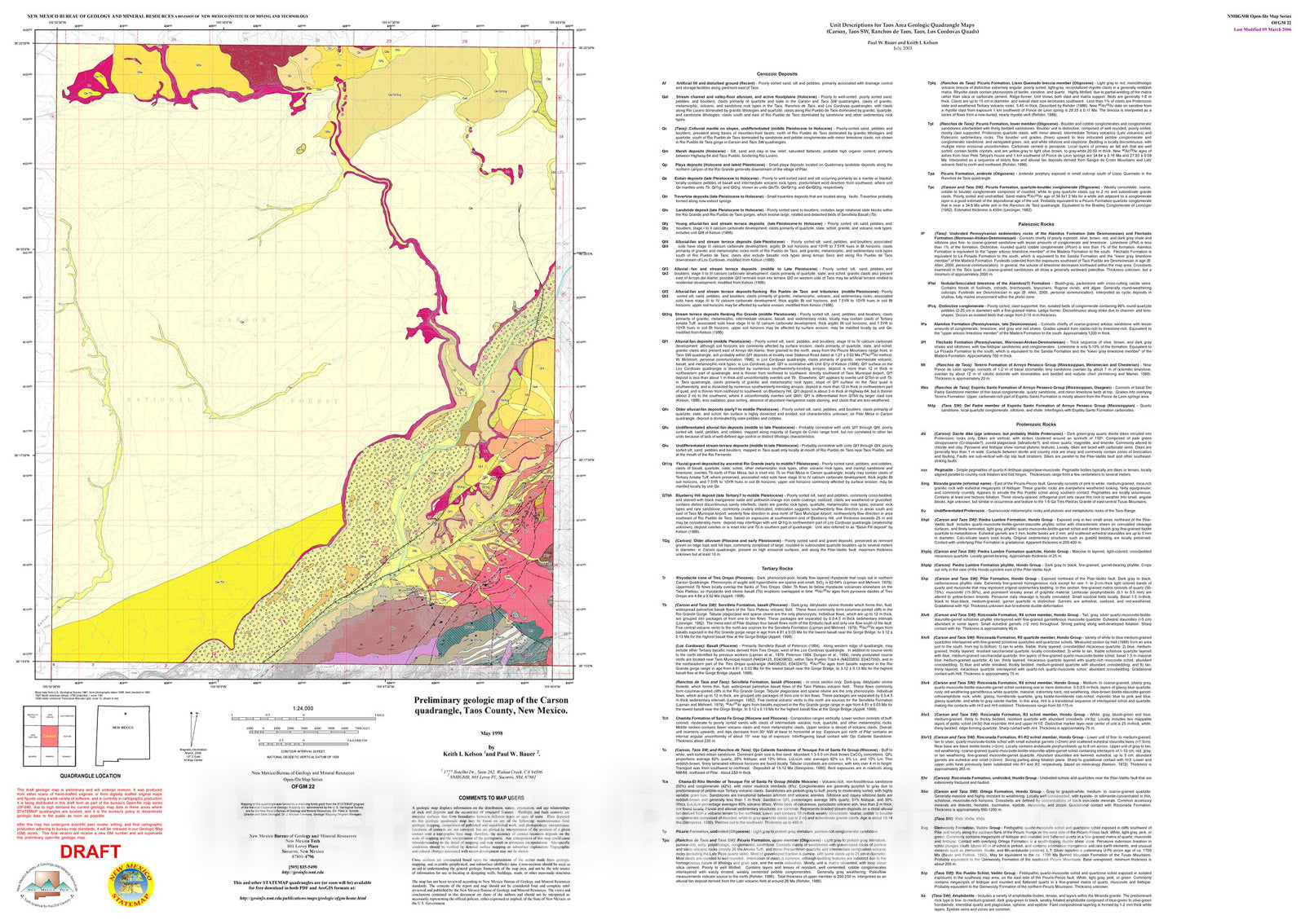 Map : Preliminary geologic map of the Carson 7.5-minute quadrangle, Taos County, New Mexico, 1998 Cartography Wall Art :