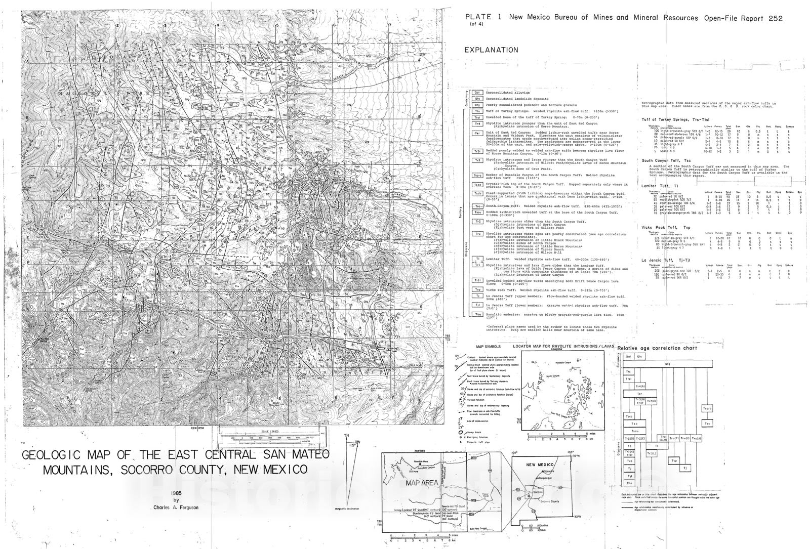 Map : Geologic map of the east-central San Mateo Mountains, Socorro County, New Mexico, 1985 Cartography Wall Art :