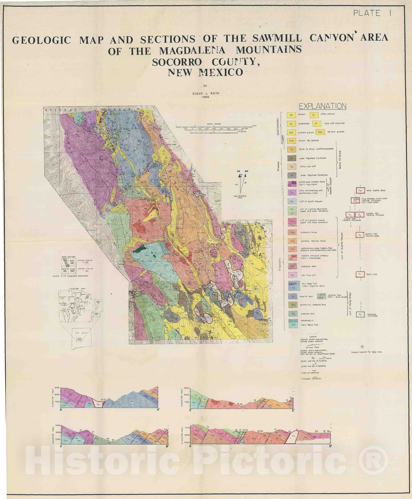 Map : Geologic map and sections of the Sawmill Canyon area of the Magdalena Mountains, Socorro County, New Mexico, 1980 Cartography Wall Art :