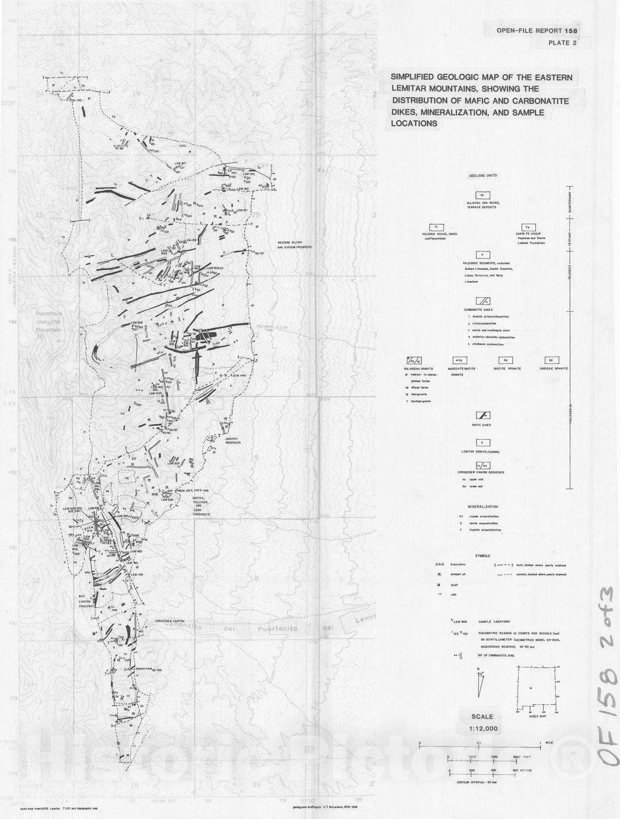 Map : Simplified geologic map of the eastern Lemitar Mountains showing the distribution of mafic and carbonatite dikes, mineralization, and sample locations, 1982 Cartography Wall Art :