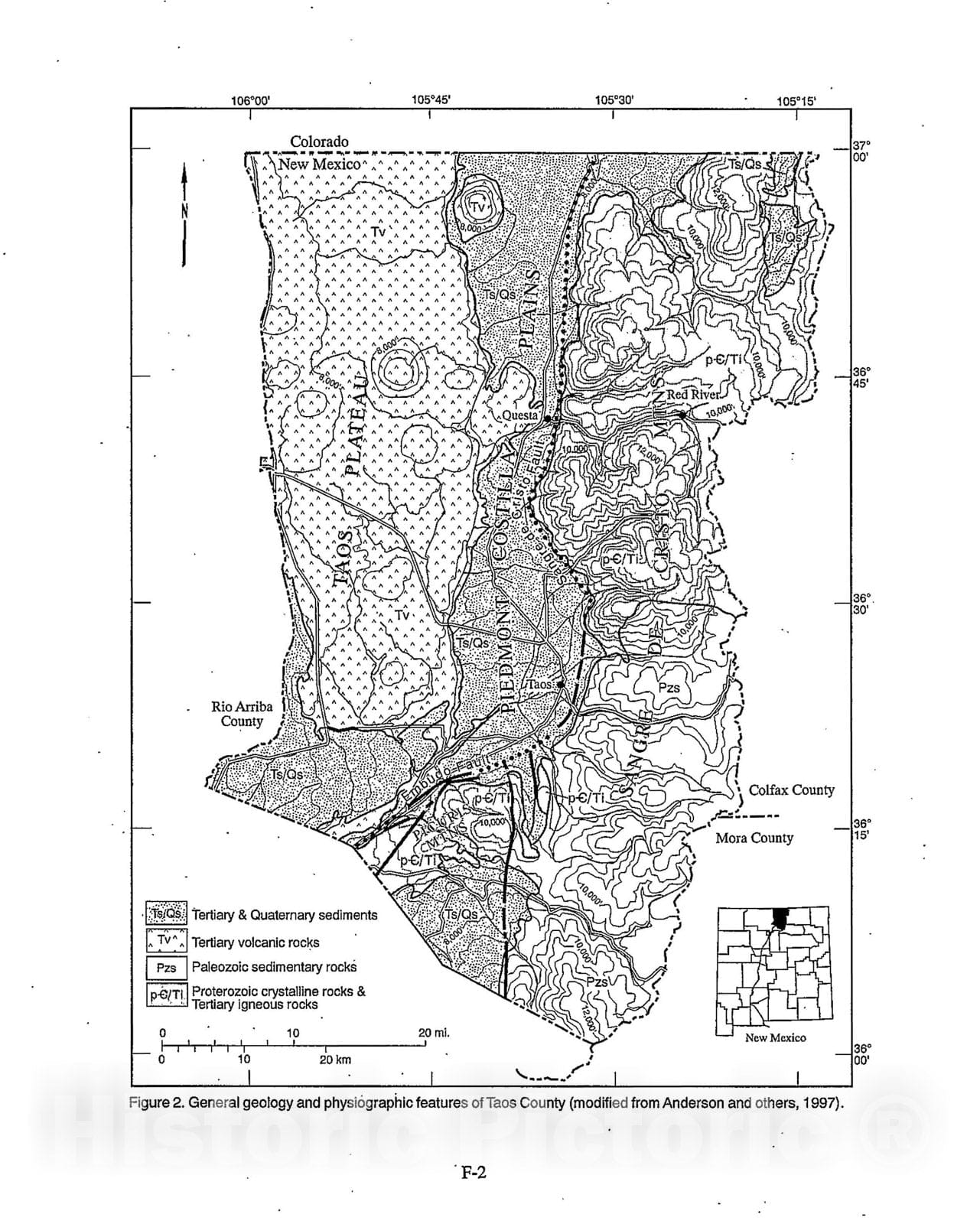 Map : General geology and physiographic features of Taos County, 1998 Cartography Wall Art :