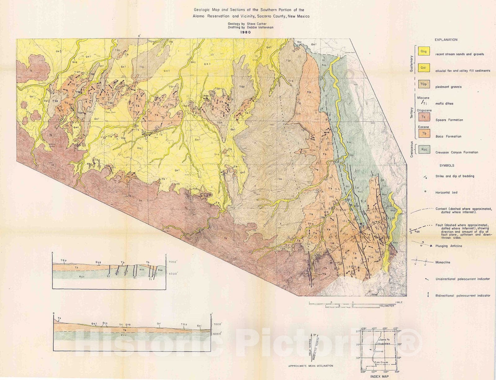 Map : Geologic map and sections of the southern portion of the Alamo Reservation and vicinity, Socorro County, New Mexico, 1980 Cartography Wall Art :