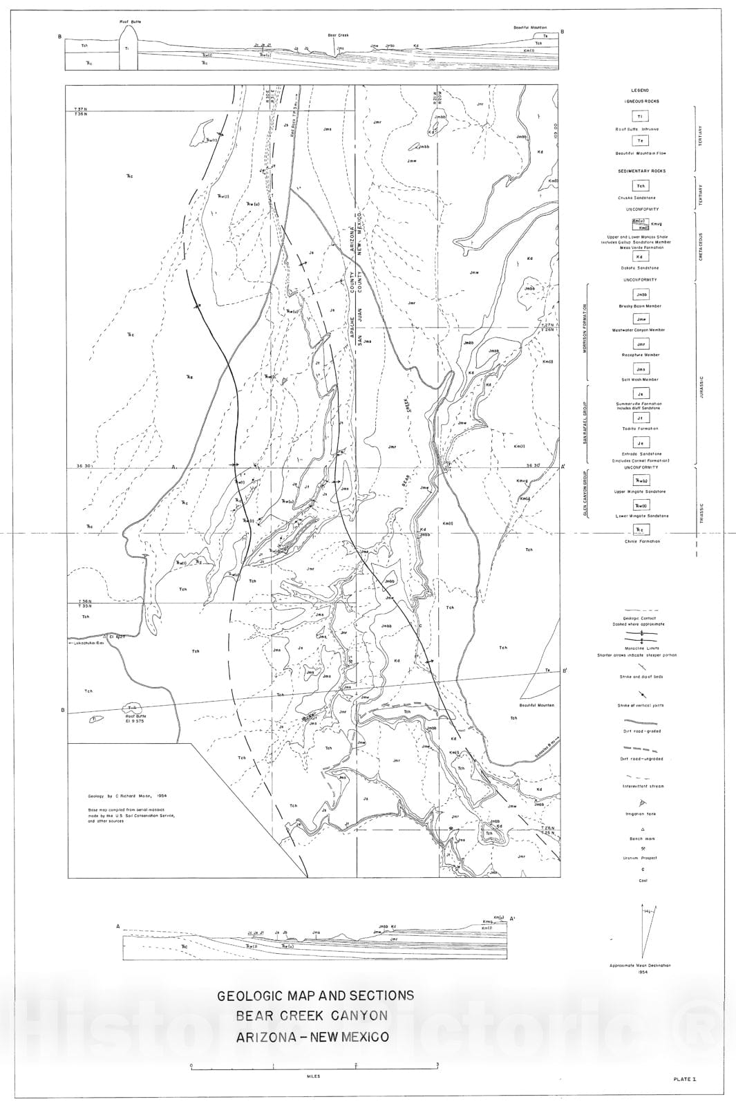 Map : Geologic map and sections of Bear Creek Canyon, Arizona and New Mexico, 1955 Cartography Wall Art :
