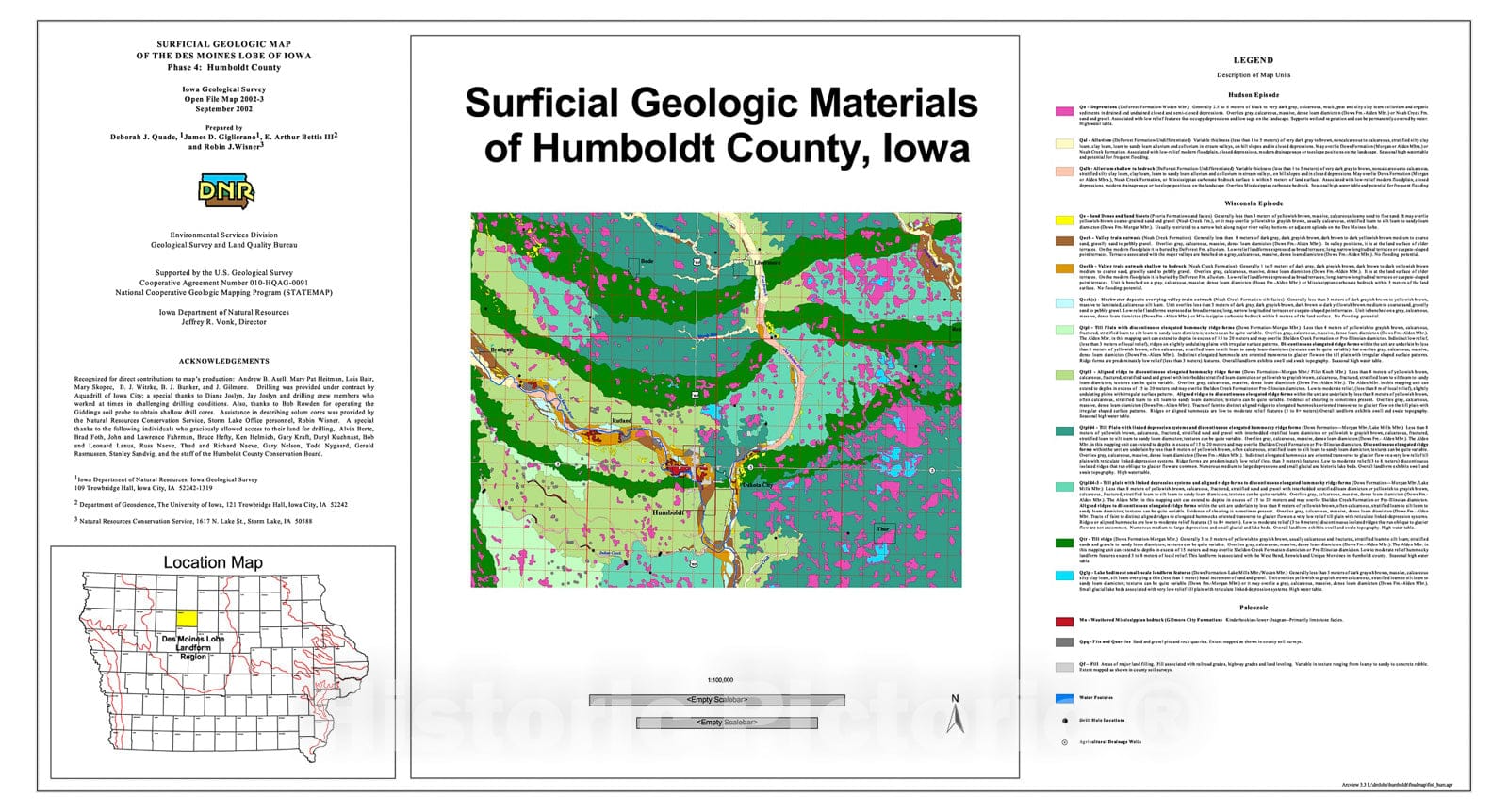 Map : Surficial geologic map of the Des Moines lobe of Iowa, phase 4:  Humboldt County, 2002 Cartography Wall Art :