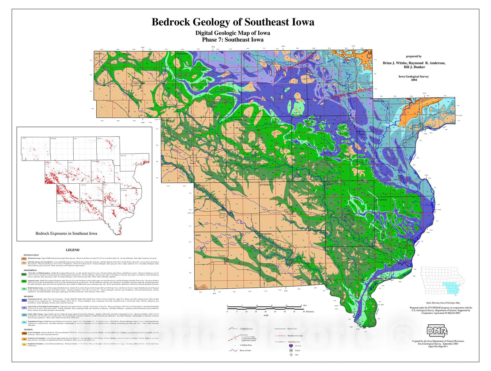 Map : Bedrock geology of southeast Iowa, digital geologic map of Iowa, phase 7:  southeast Iowa, 2004 Cartography Wall Art :