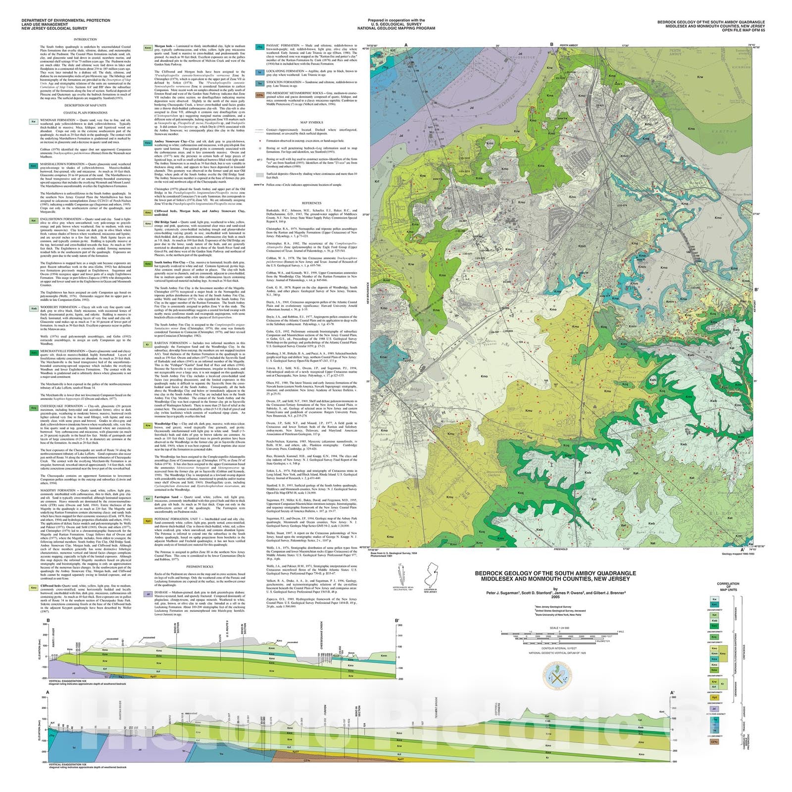 Map : Bedrock geology of the South Amboy quadrangle, Middlesex and Monmouth counties, New Jersey, 2005 Cartography Wall Art :