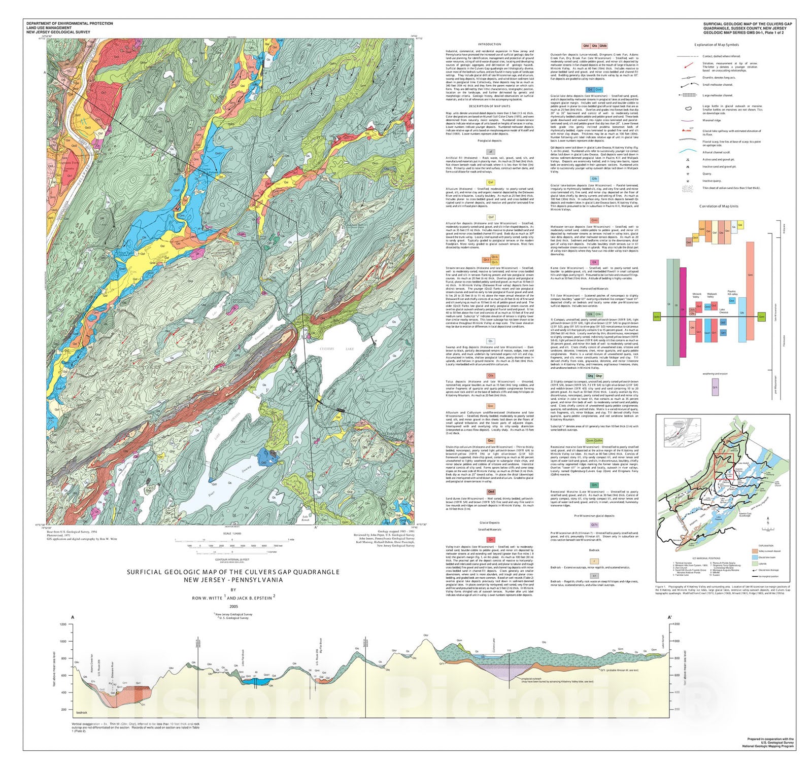 Map : Surficial geologic map of the Culvers Gap quadrangle, Sussex County, New Jersey [and Pike County, Pennsylvania], 2005 Cartography Wall Art :