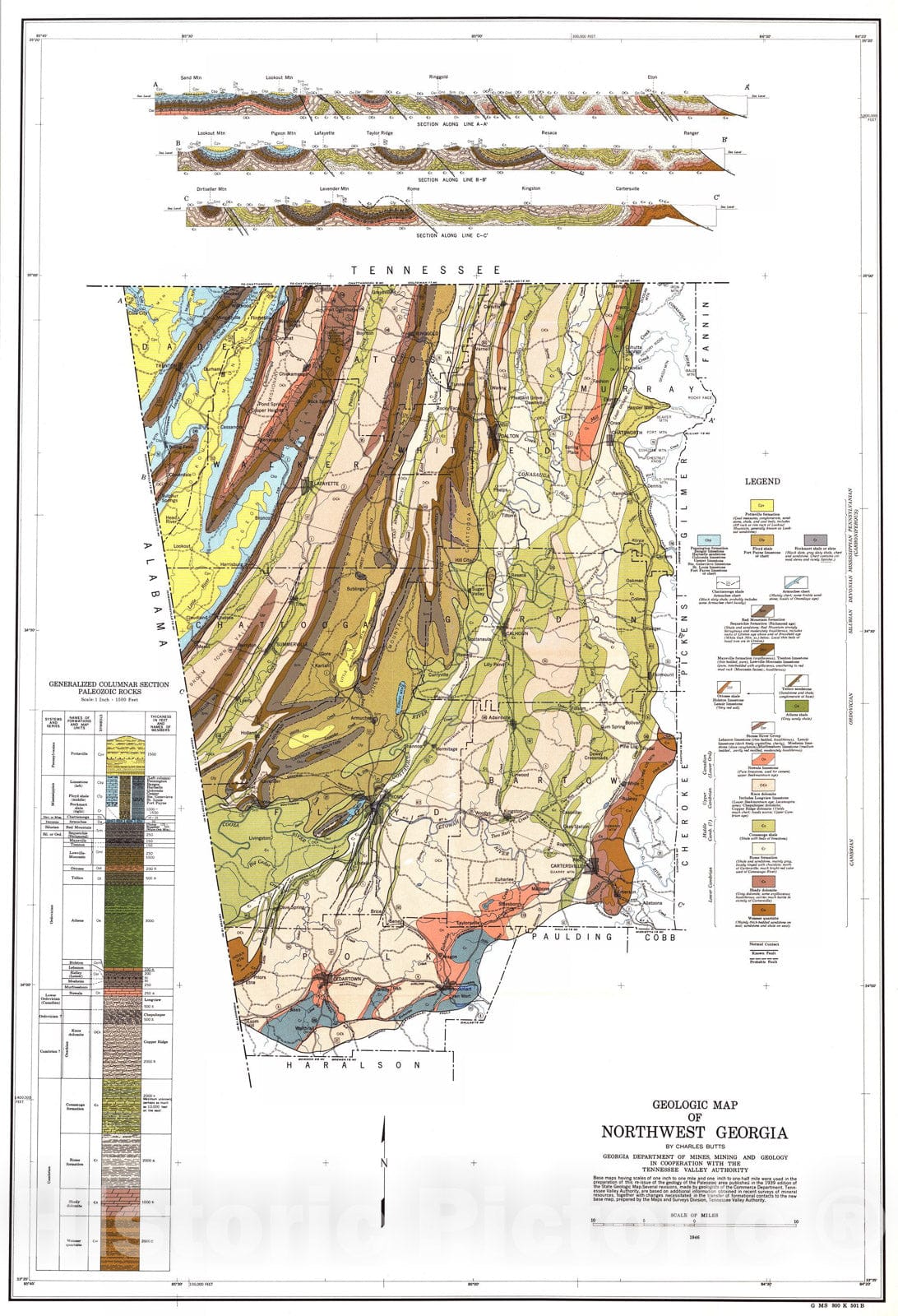 Map : Geology and mineral resources of the Paleozoic area in northwest Georgia, 1948 Cartography Wall Art :