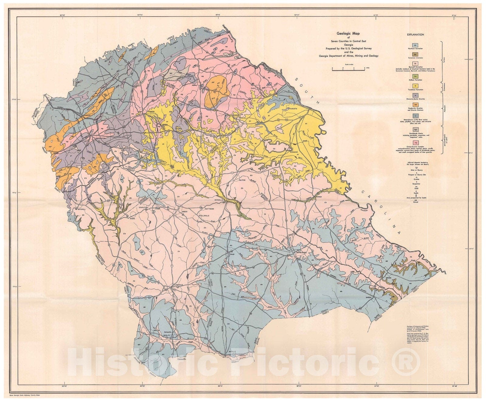 Map : Geology and ground-water resources of central-east Georgia, 1956 Cartography Wall Art :