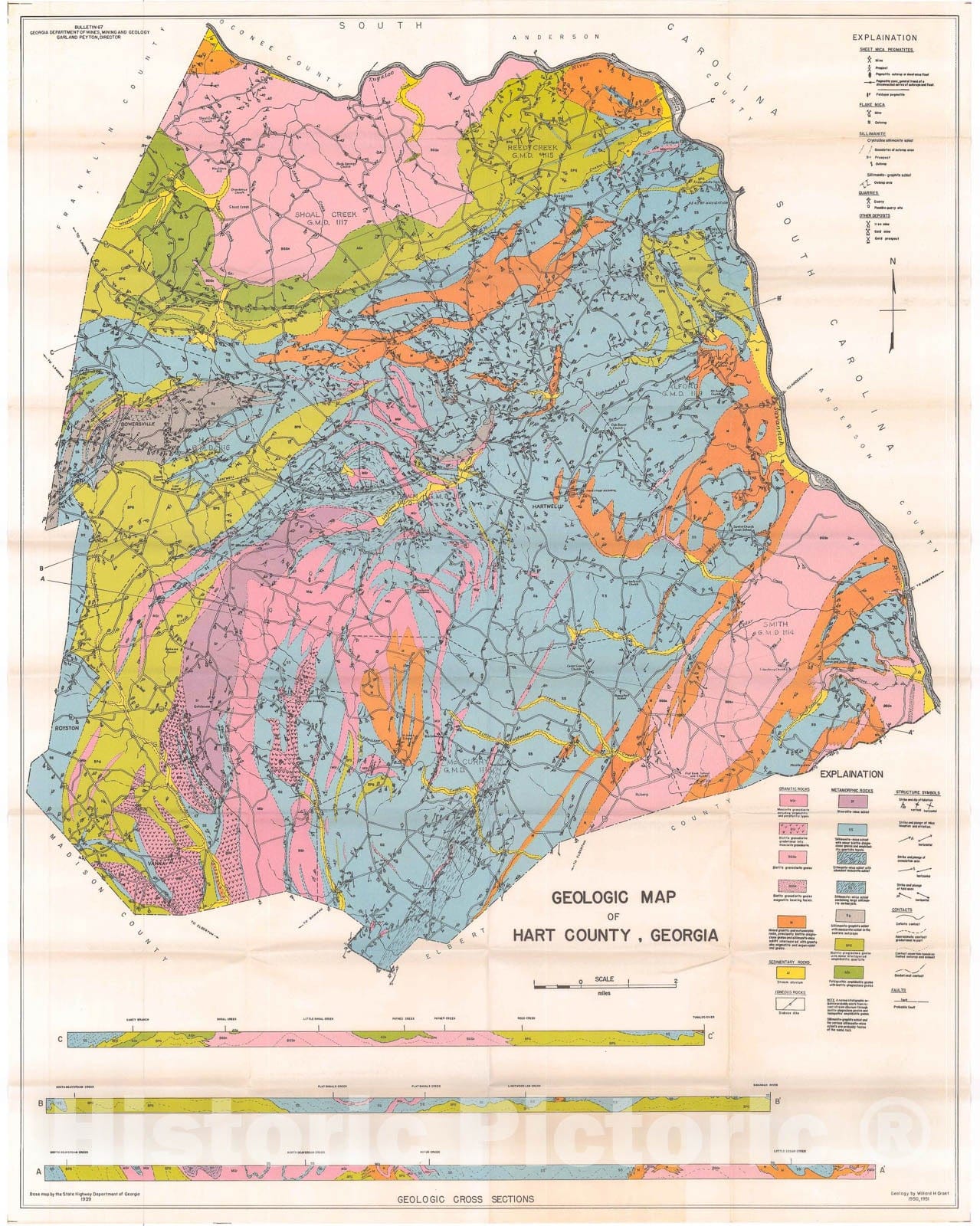Map : The geology of Hart County, Georgia, 1958 Cartography Wall Art :
