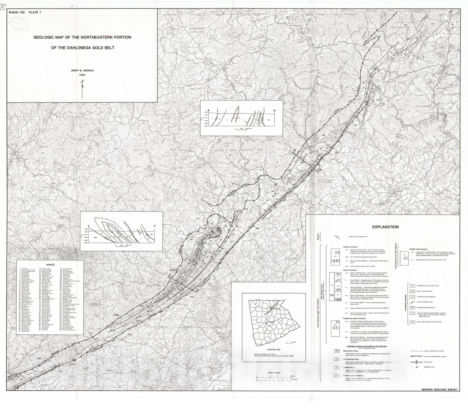Map : The geology of the northeastern portion of the Dahlonega gold belt [northern Georgia], 1985 Cartography Wall Art :