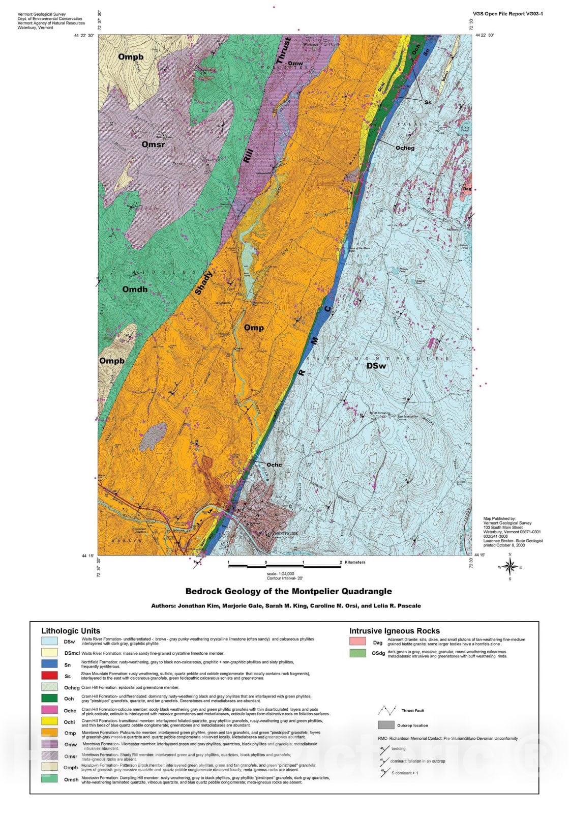 Map : Bedrock Geology of the Montpelier Quadrangle, Vermont, 2003 Cartography Wall Art :